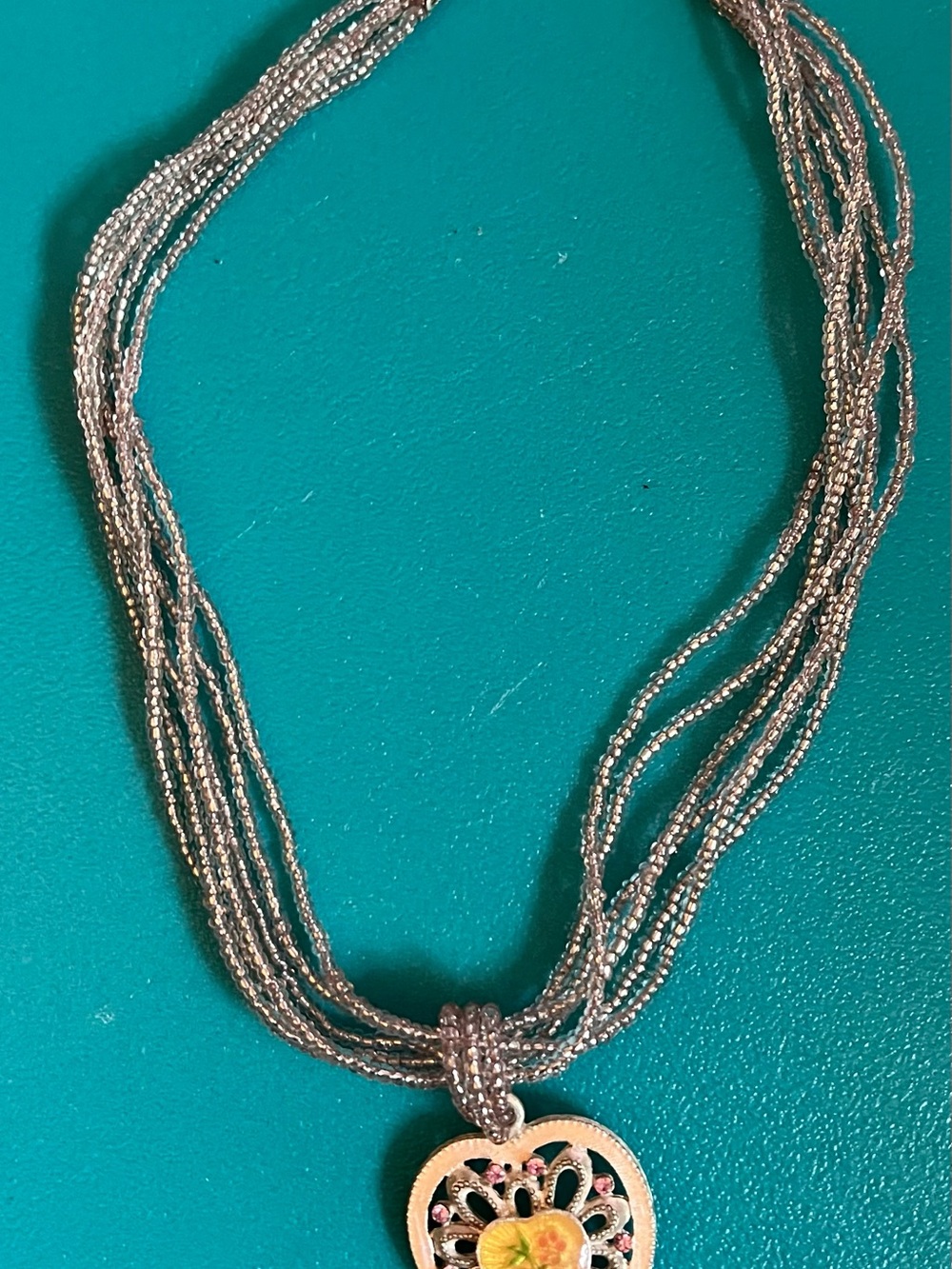 Silver Multi-Strand Bead Necklace with Yellow Flower Heart Pendant